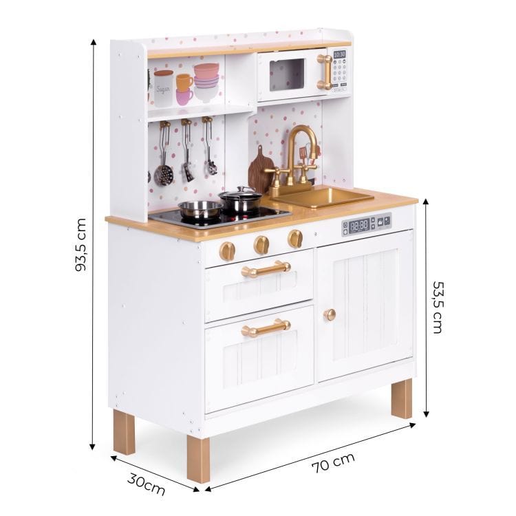 Meowbaby Large Wooden Play Kitchen for Children with Sounds and LED, Opening Cabinets, 7 Accessories